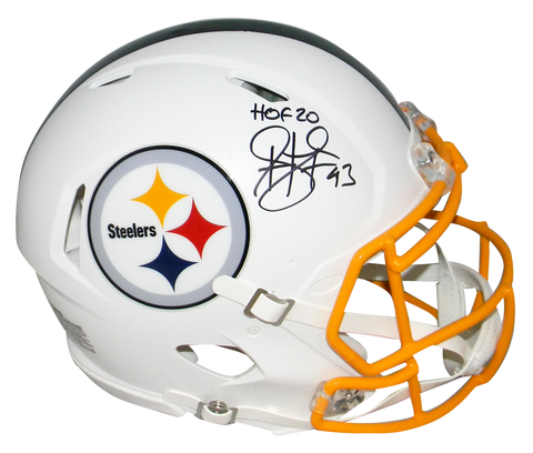 TROY POLAMALU SIGNED PITTSBURGH STEELERS WHITE SPEED AUTHENTIC HELMET W/ HOF 20