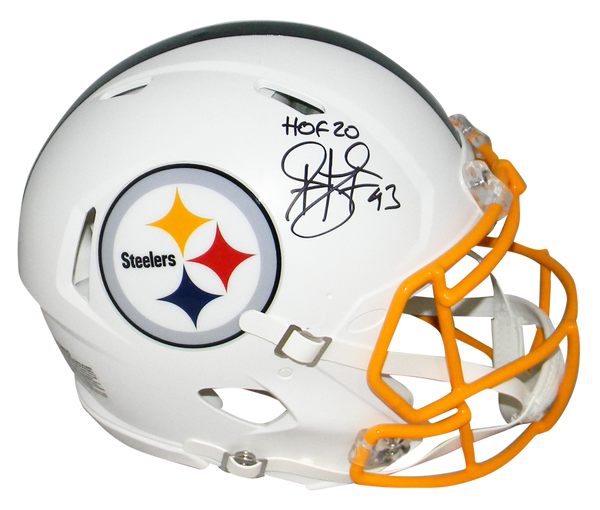 TROY POLAMALU SIGNED PITTSBURGH STEELERS WHITE SPEED AUTHENTIC HELMET W/ HOF 20