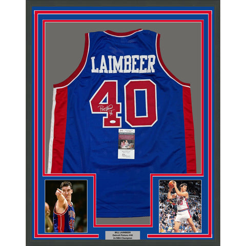 Framed Autographed/Signed Bill Laimbeer 35x39 Detroit Blue Jersey JSA COA