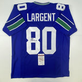 Autographed/Signed STEVE LARGENT HOF 95 Seattle Blue Football Jersey JSA COA