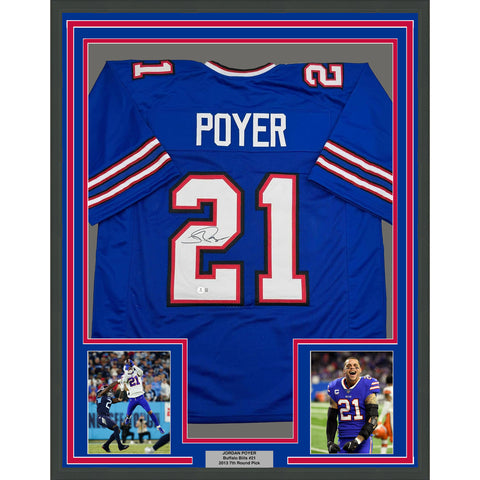 Framed Autographed/Signed Jordan Poyer 35x39 Buffalo Blue Jersey Beckett BAS COA