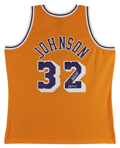 Lakers Magic Johnson "HOF 02" Signed Yellow M&N HWC Swingman Jersey BAS Witness