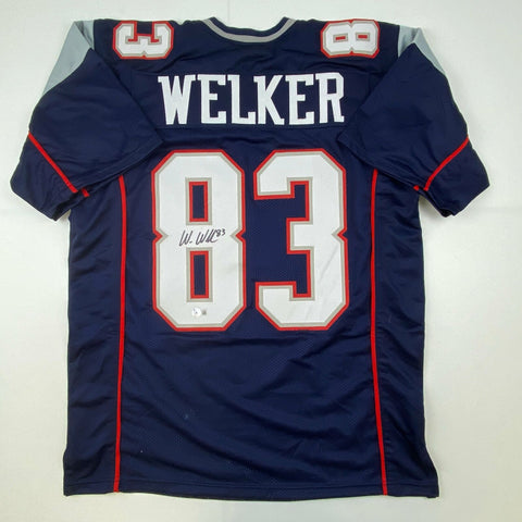 Autographed/Signed Wes Welker New England Blue Football Jersey Beckett BAS COA