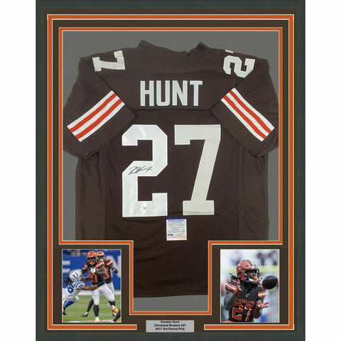 FRAMED Autographed/Signed KAREEM HUNT 33x42 Cleveland Brown Jersey PSA/DNA COA