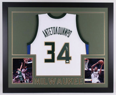 Giannis Antetokounmpo Signed Milwaukee Bucks 35"x 43" Framed Jersey (JSA COA)