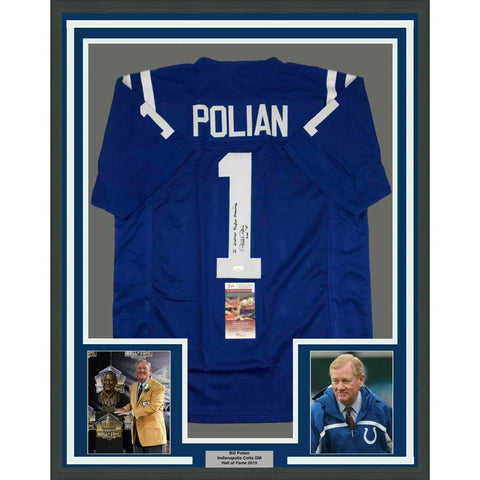 FRAMED Autographed/Signed BILL POLIAN HOF 33x42 Indianapolis Blue Jersey JSA COA