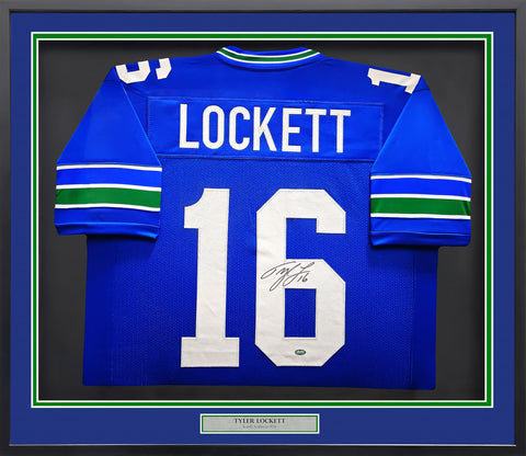 SEAHAWKS TYLER LOCKETT AUTOGRAPHED FRAMED BLUE THROWBACK JERSEY MCS HOLO 235667