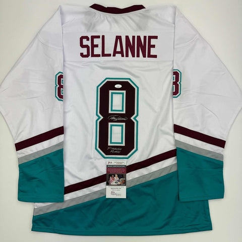 Autographed/Signed Teemu Selanne "Finnish Flash" Anaheim White Jersey JSA COA