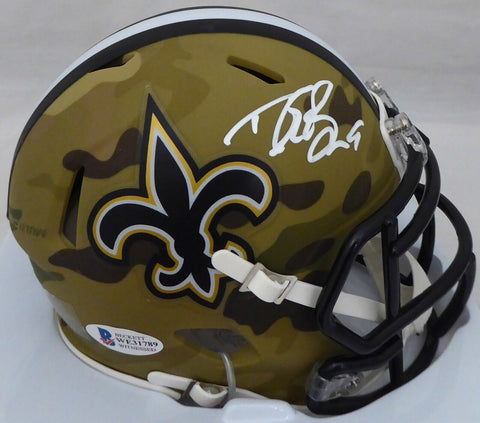 DREW BREES AUTOGRAPHED SIGNED SAINTS CAMO SPEED MINI HELMET BECKETT 185740