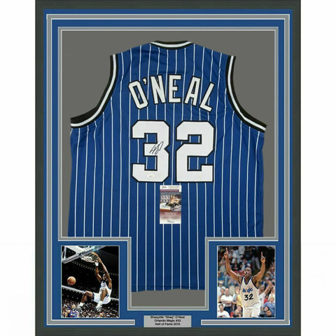 FRAMED Autographed/Signed SHAQUILLE O'NEAL 33x42 Orlando Blue Jersey JSA COA