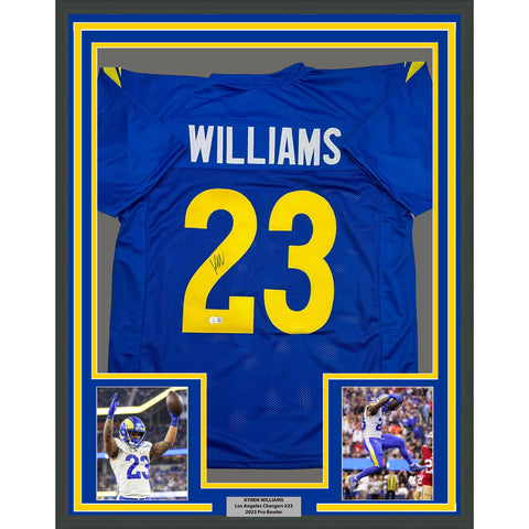 Framed Autographed/Signed Kyren Williams 35x39 LA Blue Jersey Beckett BAS COA #2