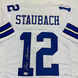 Autographed/Signed Roger Staubach Dallas White Football Jersey Beckett BAS COA