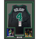 Framed Autographed/Signed Jrue Holiday 33x42 Boston Black Jersey JSA COA