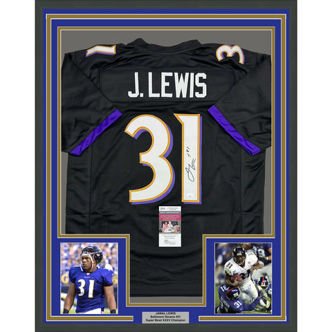 Framed Autographed/Signed Jamal Lewis 35x39 Baltimore Black Jersey JSA COA