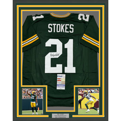 Framed Autographed/Signed Eric Stokes 35x39 Green Bay Green Jersey JSA COA