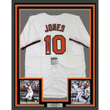 Framed Autographed/Signed Adam Jones 35x39 Baltimore White Jersey JSA COA