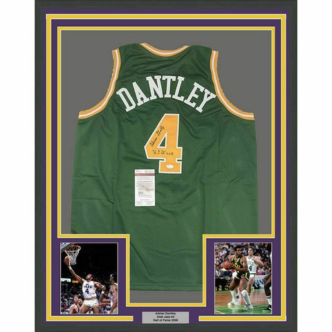 FRAMED Autographed/Signed ADRIAN DANTLEY 33x42 Utah Green Jersey JSA COA Auto