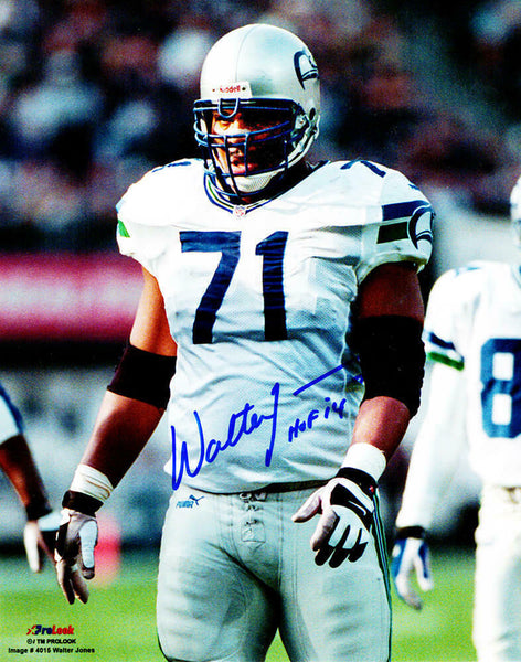 Walter Jones Signed Seattle Seahawks White Jersey 8x10 Photo w/HOF -SCHWARTZ COA