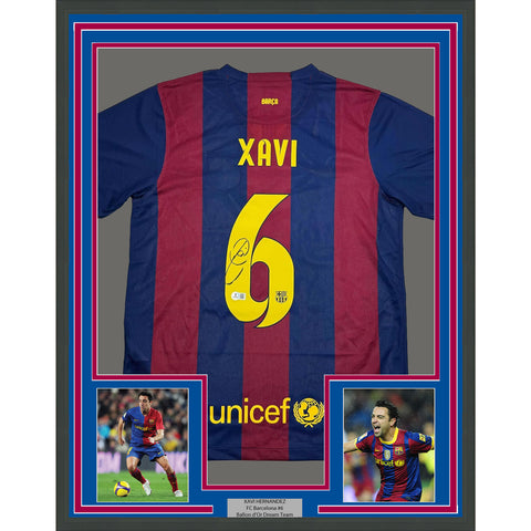 Framed Autographed/Signed Xavi 35x39 FC Barcelona Blue Jersey Beckett BAS COA