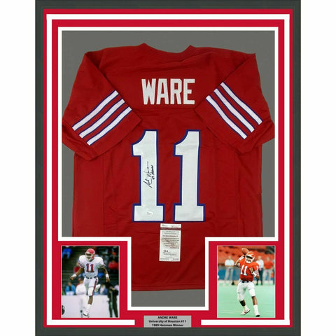 FRAMED Autographed/Signed ANDRE WARE 33x42 Heisman Houston Red Jersey JSA COA