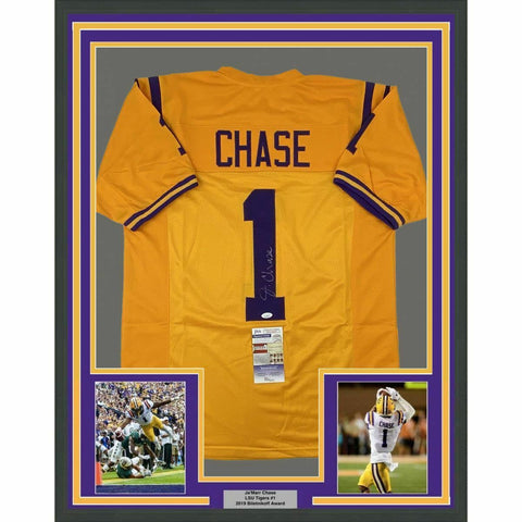 FRAMED Autographed/Signed JA'MARR CHASE 33x42 LSU Yellow College Jersey JSA COA