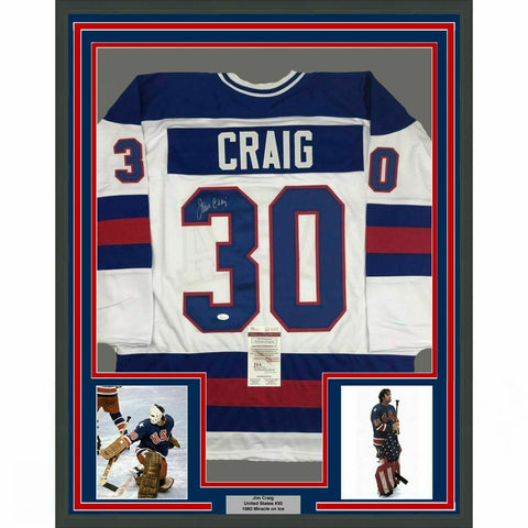 FRAMED Autographed/Signed JIM CRAIG 33x42 White USA Hockey Jersey JSA COA Auto