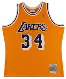 Lakers Shaquille O'Neal Signed Yellow M&N 1996-97 TB HWC Swingman Jersey BAS Wit