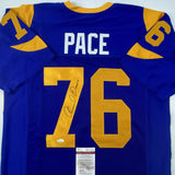 Autographed/Signed ORLANDO PACE HOF 16 St. Louis Blue Football Jersey JSA COA