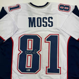 Autographed/Signed Randy Moss New England White Football Jersey Beckett BAS COA