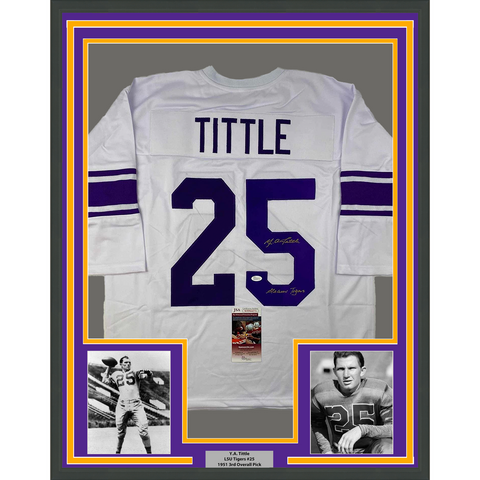 Framed Autographed/Signed YA Y.A. Tittle 33x42 LSU White Jersey JSA COA