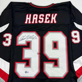 Autographed/Signed Dominik Hasek Buffalo Black Hockey Jersey Beckett BAS COA