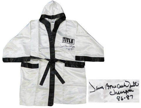 James Smith Signed Title White Boxing Robe w/Bonecrusher, Champ 86-87 - SS COA