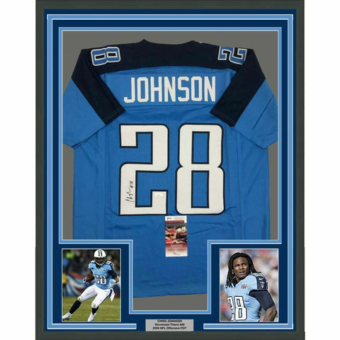 FRAMED Autographed/Signed CHRIS JOHNSON 33x42 Tennessee Pwdr Blue Jersey JSA COA