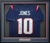 NEW ENGLAND PATRIOTS MAC JONES AUTOGRAPHED FRAMED BLUE JERSEY BECKETT QR 202403