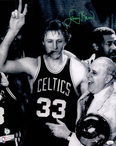 LARRY BIRD AUTOGRAPHED 16X20 PHOTO BOSTON CELTICS WITH RED AUERBACH JSA 230031