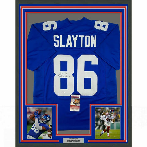 FRAMED Autographed/Signed DARIUS SLAYTON 33x42 New York Blue Jersey JSA COA Auto