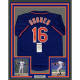 FRAMED Autographed/Signed DWIGHT DOC GOODEN 33x42 New York Blue Jersey JSA COA