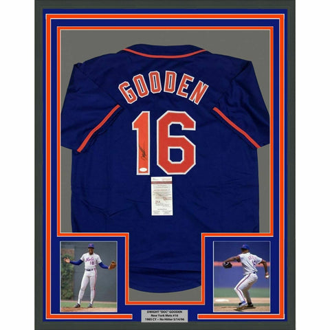 FRAMED Autographed/Signed DWIGHT DOC GOODEN 33x42 New York Blue Jersey JSA COA