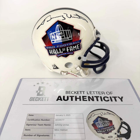 Autographed/Signed Johnny Unitas Hall of Fame Colts Mini Football Helmet BAS LOA