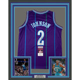 Framed Autographed/Signed Larry Johnson 33x42 Charlotte Purple Jersey JSA COA