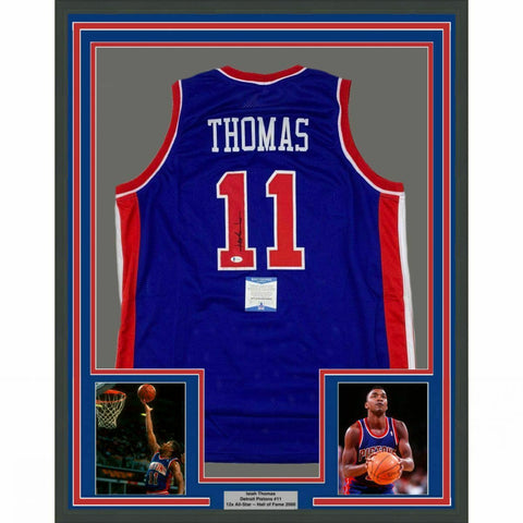 FRAMED Autographed/Signed ISIAH THOMAS 33x42 Detroit Blue Jersey Beckett BAS COA