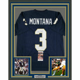 FRAMED Autographed/Signed JOE MONTANA 33x42 Notre Dame Blue Jersey JSA COA Auto