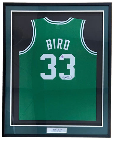 Larry Bird Boston Signed Framed Green Basketball Jersey Bird+JSA ITP