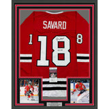 Framed Autographed/Signed Denis Savard HOF 2002 35x39 Chicago Red Jersey JSA COA