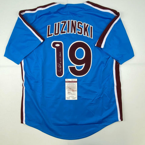 Autographed/Signed Greg Luzinski 80 WS Champs Philadelphia Blue Jersey JSA COA