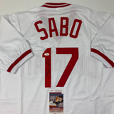 Autographed/Signed Chris Sabo Cincinnati White Baseball Jersey JSA COA