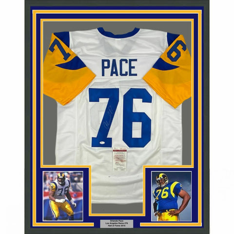 FRAMED Autographed/Signed ORLANDO PACE 33x42 Los Angeles LA White Jersey JSA COA