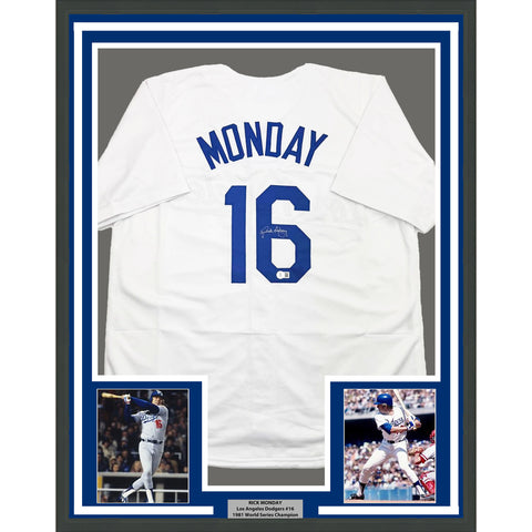 Framed Autographed/Signed Rick Monday 35x39 Los Angeles LA White Jersey BAS COA