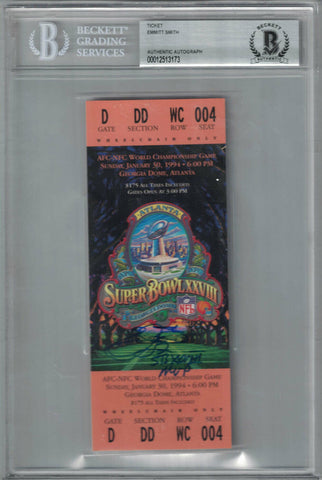 Emmitt Smith Signed Dallas Cowboys Super Bowl XXVIII Ticket Stub BAS Slab 28464