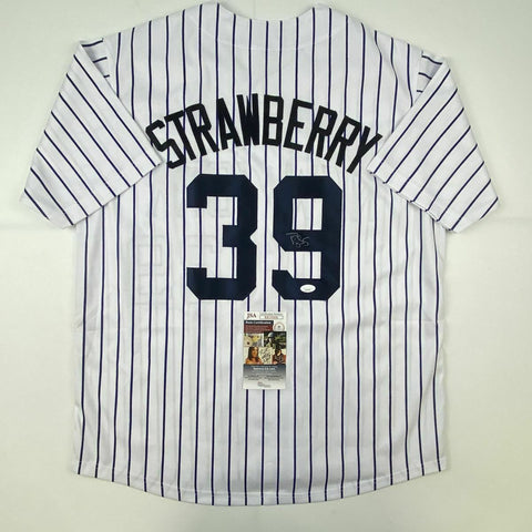 Autographed/Signed DARRYL STRAWBERRY New York Pinstripe Baseball Jersey JSA COA